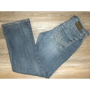 BKE Jeans 32x31 Mens Blue Denim Derek 7 Pocket Bootcut Whiskered Stretch Relaxed